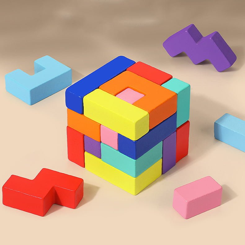 Joc tetris, puzzle lemn, wooden puzzle, 40 piese din lemn, 3D, educativ, dezvolta motricitatea, dexteritatea, 27cm x 18cm - BUZ.RO