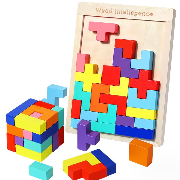 Joc tetris, puzzle lemn, wooden puzzle, 40 piese din lemn, 3D, educativ, dezvolta motricitatea, dexteritatea, 27cm x 18cm - BUZ.RO