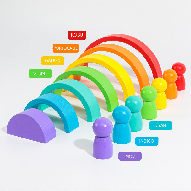 Joc puzzle, jucarie copii, curcubeul magic, Montessori, din lemn, 7 piese, 7 pitici, multicolor