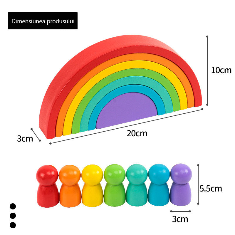 Joc puzzle, jucarie copii, curcubeul magic, Montessori, din lemn, 7 piese, 7 pitici, multicolor