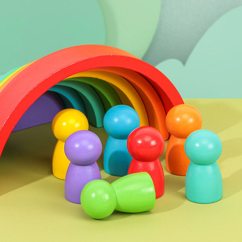 Joc puzzle, jucarie copii, curcubeul magic, Montessori, din lemn, 7 piese, 7 pitici, multicolor