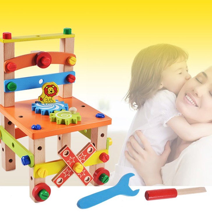 Jucarie din lemn educativa si interactiva, tip scaunel, multifunctional, Montessori, asociere, invatare prin joaca - BUZ.RO