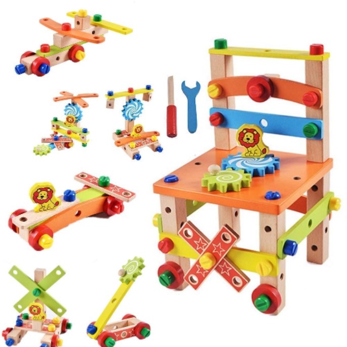 Jucarie din lemn educativa si interactiva, tip scaunel, multifunctional, Montessori, asociere, invatare prin joaca