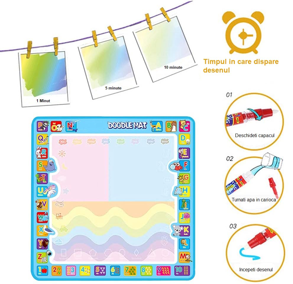 Jucarie educativa si interactiv, covorasul magic, picteaza, deseneaza si coloreaza cu apa, 22 piese, 100 x 100cm