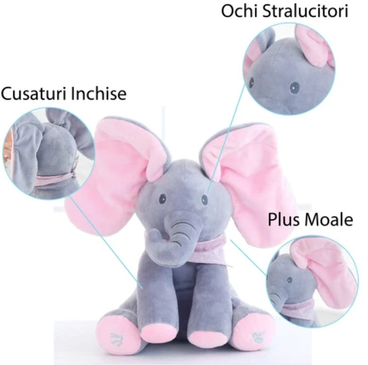 Jucarie interactiva elefant, peek a boo, canta si vorbeste, limba engleza, roz