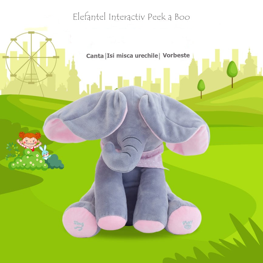 Jucarie interactiva elefant, peek a boo, canta si vorbeste, limba engleza, roz