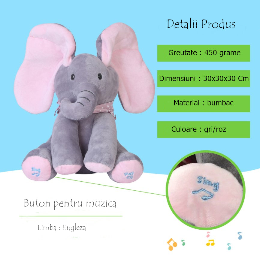 Jucarie interactiva elefant, peek a boo, canta si vorbeste, limba engleza, roz