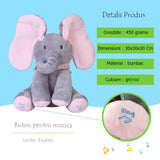Jucarie interactiva elefant, peek a boo, canta si vorbeste, limba engleza, roz