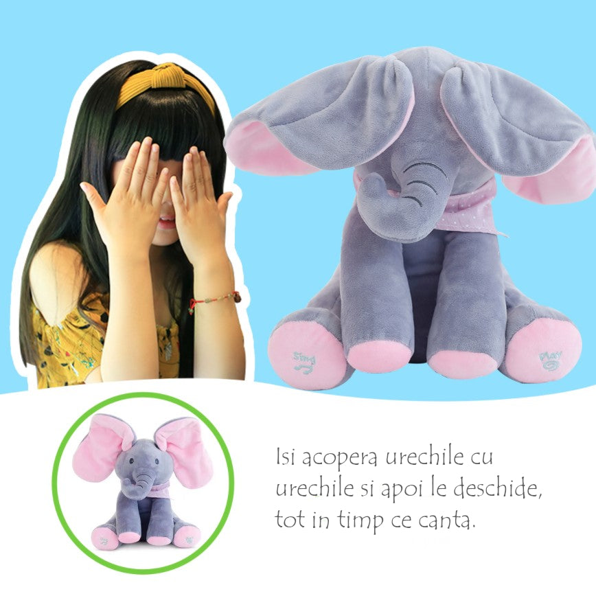 Jucarie interactiva elefant, peek a boo, canta si vorbeste, limba engleza, roz