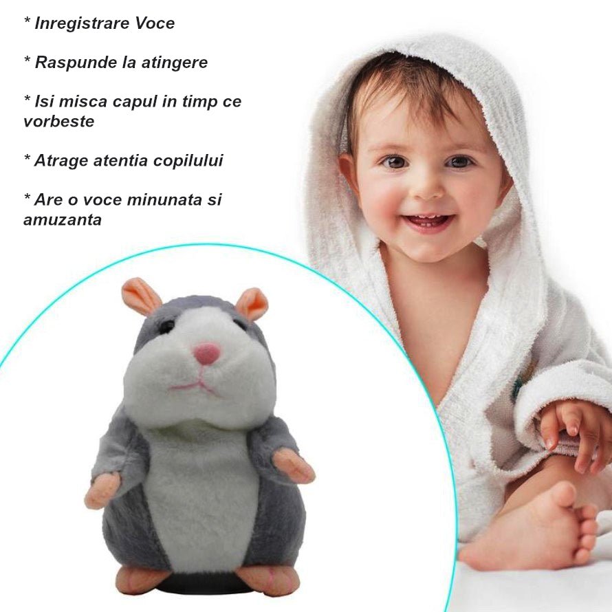 Jucarie interactiva, hamster vorbitor, bebelusi, copii, din plus, educativa, inregistreaza si reda vocea, imitator, gri - BUZ.RO