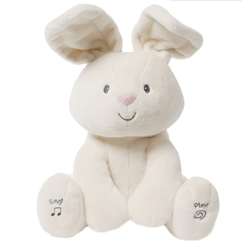 Jucarie interactiva iepuras Peek a boo, de plus moale, Cucu-Bau, canta si vorbeste crem deschis, 30 cm