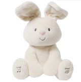Jucarie interactiva iepuras Peek a boo, de plus moale, Cucu-Bau, canta si vorbeste crem deschis, 30 cm