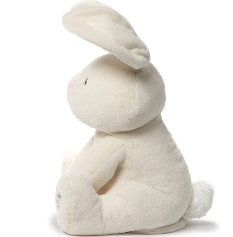 Jucarie interactiva iepuras Peek a boo, de plus moale, Cucu-Bau, canta si vorbeste crem deschis, 30 cm