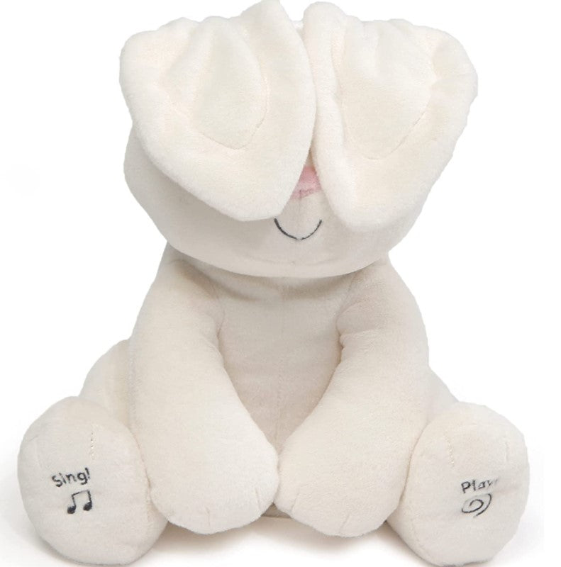 Jucarie interactiva iepuras Peek a boo, de plus moale, Cucu-Bau, canta si vorbeste crem deschis, 30 cm