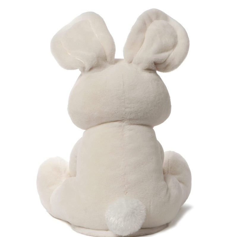 Jucarie interactiva iepuras Peek a boo, de plus moale, Cucu-Bau, canta si vorbeste crem deschis, 30 cm