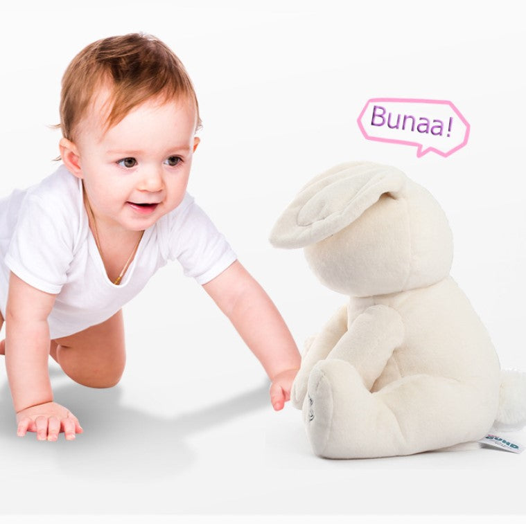 Jucarie interactiva iepuras Peek a boo, de plus moale, Cucu-Bau, canta si vorbeste crem deschis, 30 cm