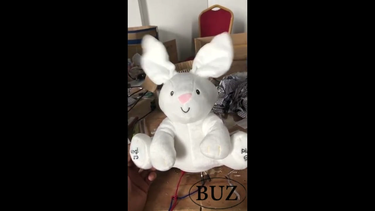 Jucarie interactiva iepuras Peek a boo, de plus moale, Cucu-Bau, canta si vorbeste crem deschis, 30 cm