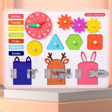 Jucarie interactiva, jocuri educative, jucarie copii, Montessori, placa senzoriala, activitati 5 in 1, cu incuietori, ceas, calendar - BUZ.RO