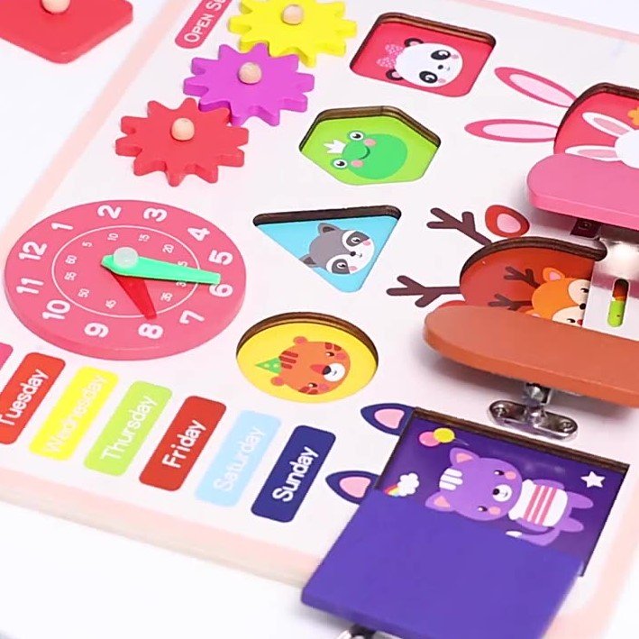 Jucarie interactiva, jocuri educative, jucarie copii, Montessori, placa senzoriala, activitati 5 in 1, cu incuietori, ceas, calendar - BUZ.RO