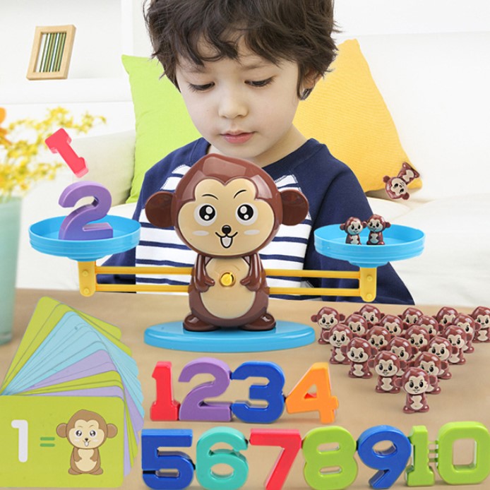 Jucarie interactiva, jocuri educative, forma maimuta, cu balanta, 65 piese, colorate