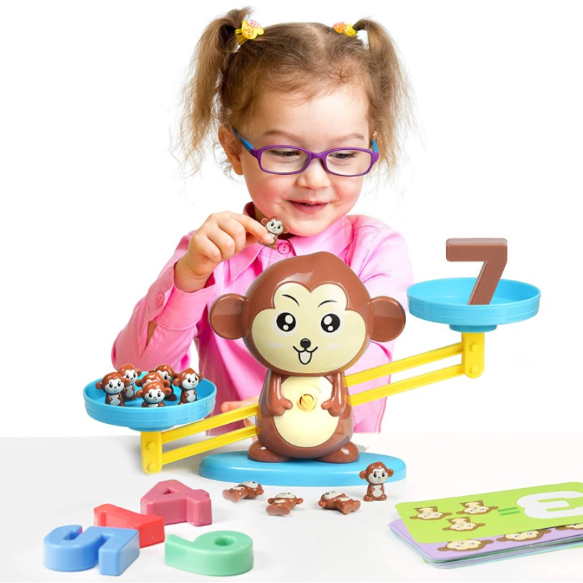 Jucarie interactiva, jocuri educative, forma maimuta, cu balanta, 65 piese, colorate