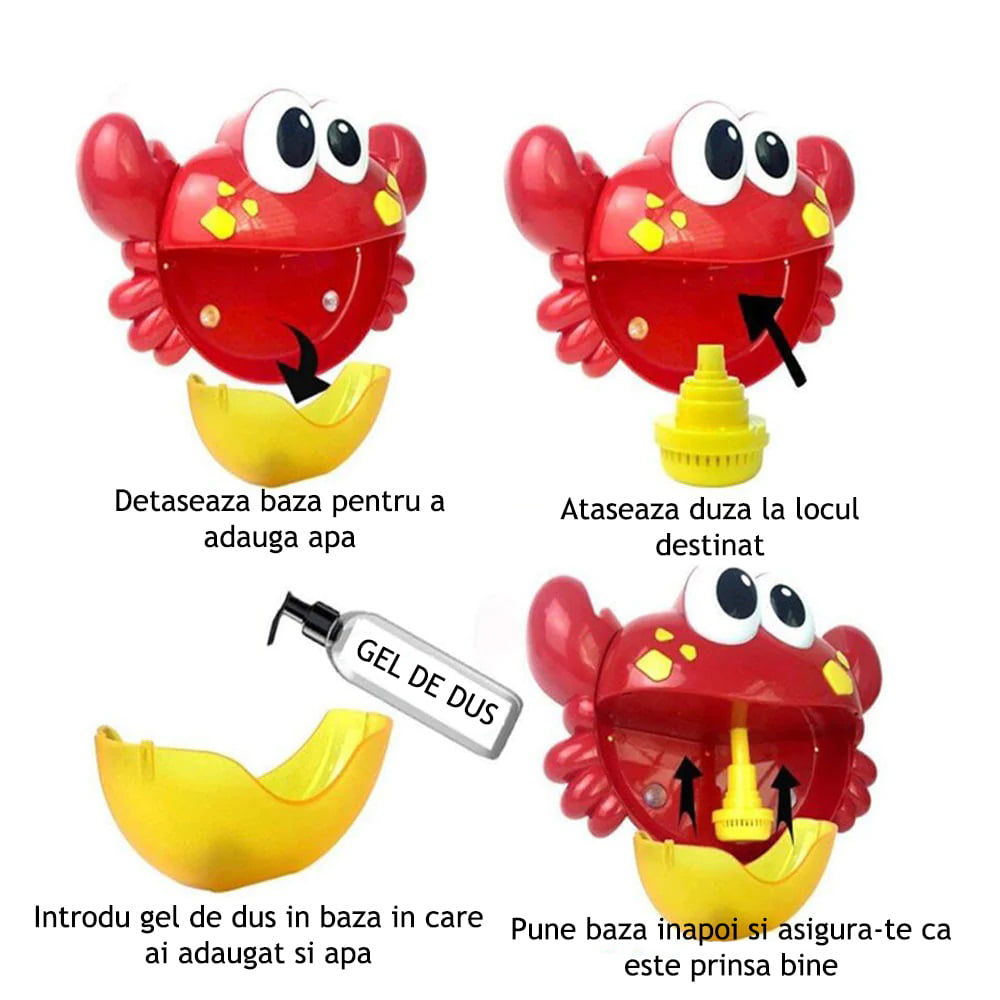 Jucarie muzicala de baie, jucarie interactiva, baloane de sapun, ventuze , crab, rosu, 18+luni