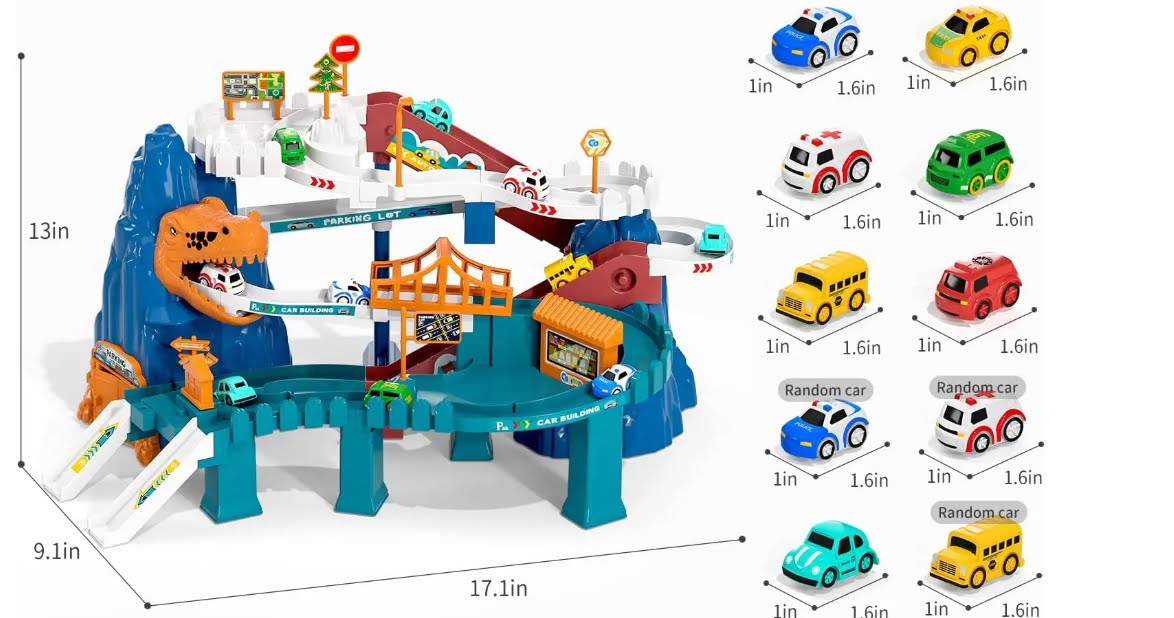 Jucarie interactiva set pista de curse cu sunete, masini incluse, jucarii pentru baieti si fete + 3 ani, montessori, Parc Aventura din lumea dinozaurilor, buz