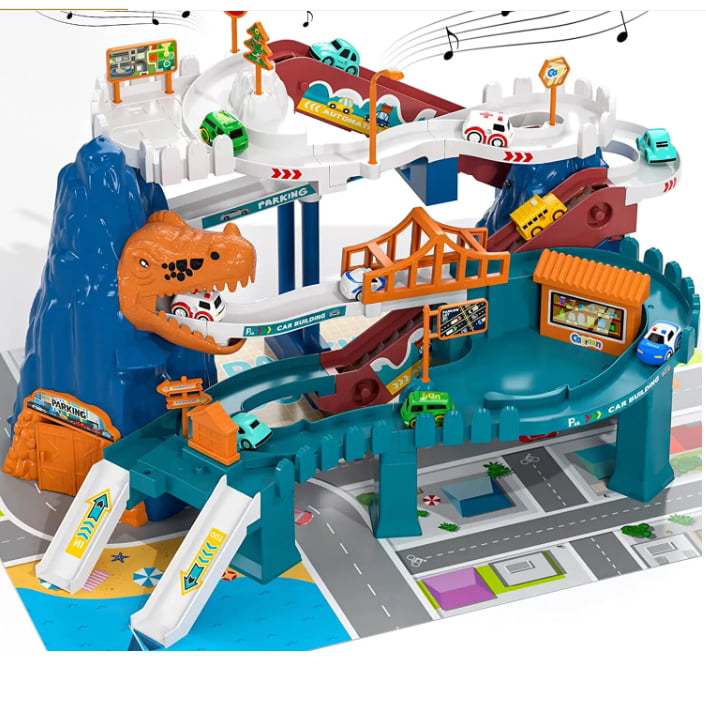 Jucarie interactiva set pista de curse cu sunete, masini incluse, jucarii pentru baieti si fete + 3 ani, montessori, Parc Aventura din lumea dinozaurilor, buz