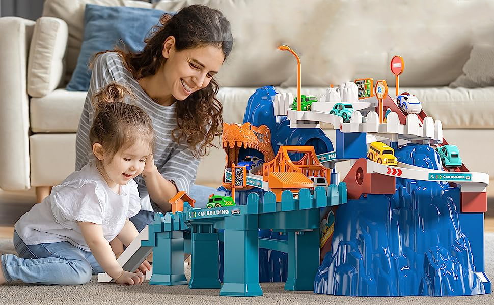 Jucarie interactiva set pista de curse cu sunete, masini incluse, jucarii pentru baieti si fete + 3 ani, montessori, Parc Aventura din lumea dinozaurilor, buz