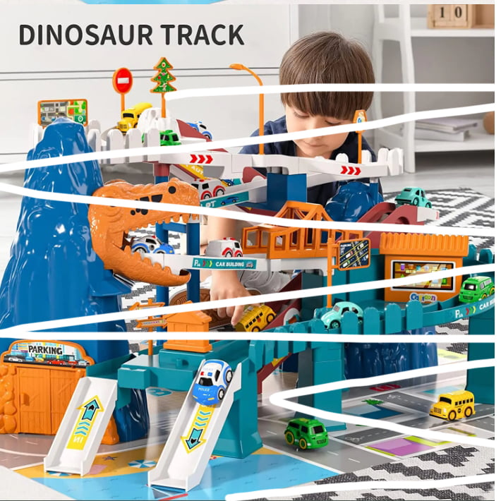 Jucarie interactiva set pista de curse cu sunete, masini incluse, jucarii pentru baieti si fete + 3 ani, montessori, Parc Aventura din lumea dinozaurilor, buz