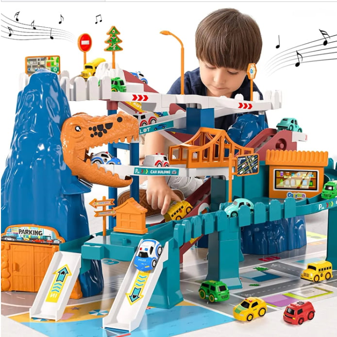 Jucarie interactiva set pista de curse cu sunete, masini incluse, jucarii pentru baieti si fete + 3 ani, montessori, Parc Aventura din lumea dinozaurilor, buz