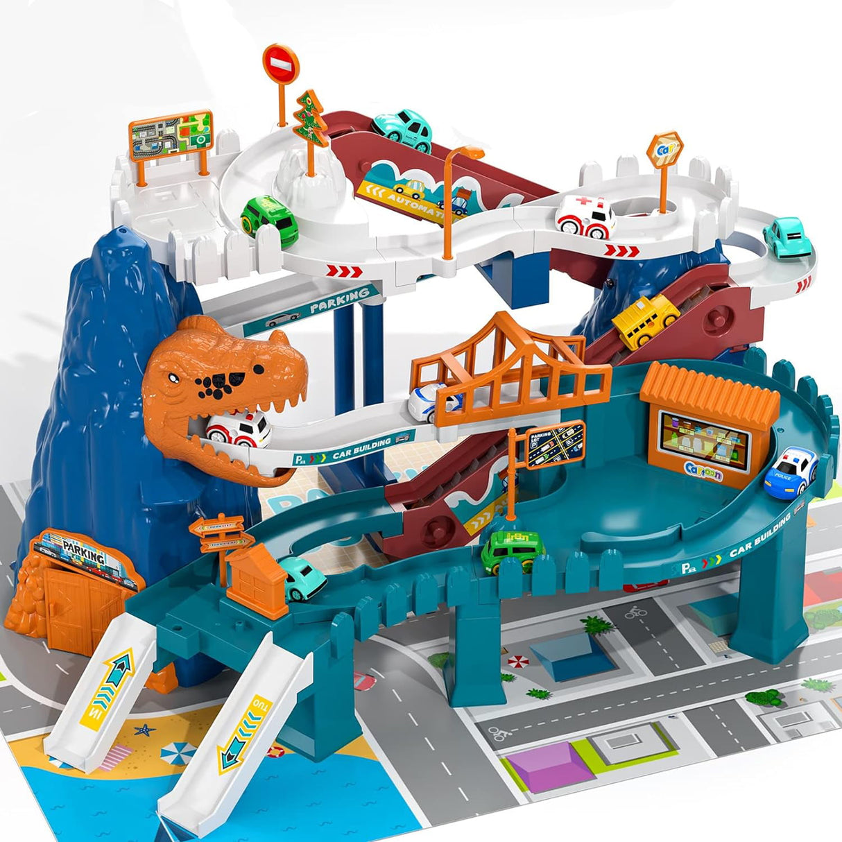 Jucarie interactiva set pista de curse cu sunete, masini incluse, jucarii pentru baieti si fete + 3 ani, montessori, Parc Aventura din lumea dinozaurilor, buz