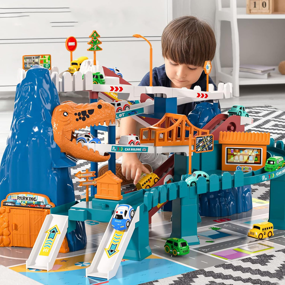 Jucarie interactiva set pista de curse cu sunete, masini incluse, jucarii pentru baieti si fete + 3 ani, montessori, Parc Aventura din lumea dinozaurilor, buz