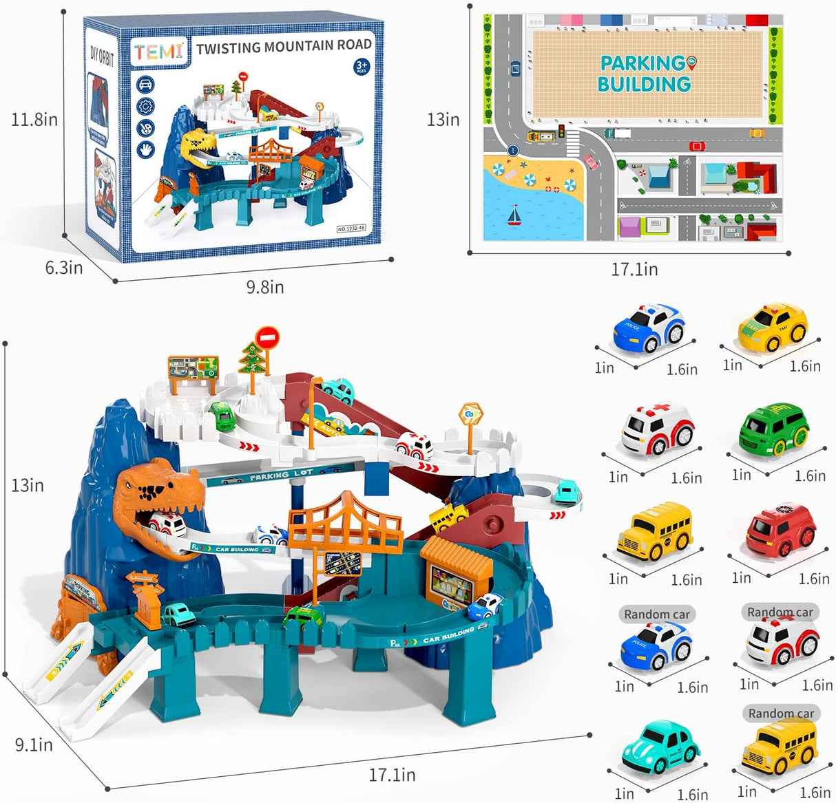 Jucarie interactiva set pista de curse cu sunete, masini incluse, jucarii pentru baieti si fete + 3 ani, montessori, Parc Aventura din lumea dinozaurilor, buz