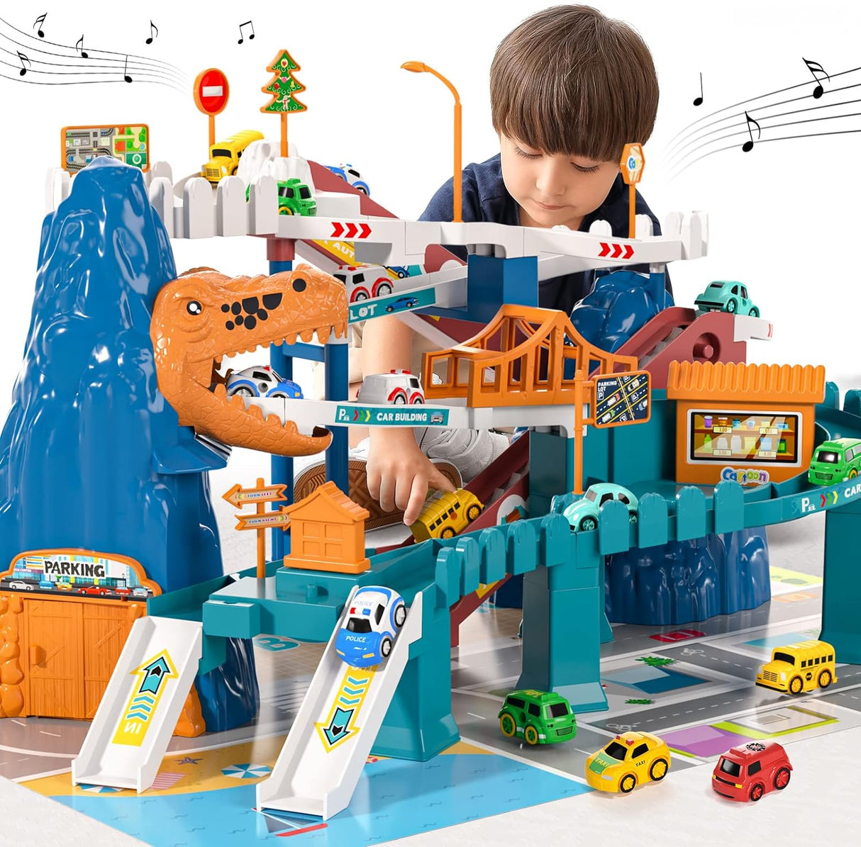Jucarie interactiva set pista de curse cu sunete, masini incluse, jucarii pentru baieti si fete + 3 ani, montessori, Parc Aventura din lumea dinozaurilor, buz