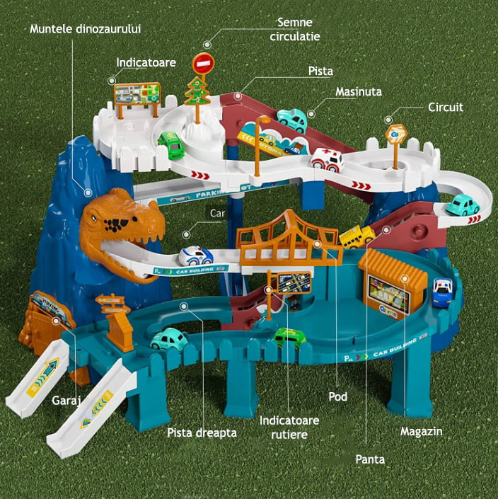 Jucarie interactiva set pista de curse cu sunete, masini incluse, jucarii pentru baieti si fete + 3 ani, montessori, Parc Aventura din lumea dinozaurilor, buz