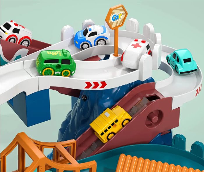 Jucarie interactiva set pista de curse cu sunete, masini incluse, jucarii pentru baieti si fete + 3 ani, montessori, Parc Aventura din lumea dinozaurilor, buz