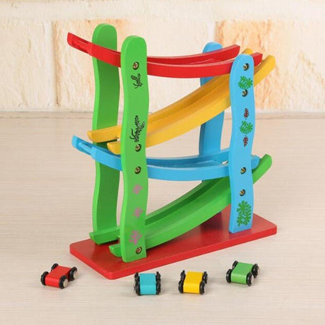 Jucarie interactiva si educativa din lemn Montessori, ansamblu cu masinute de raliu, cu 4 etaje - BUZ.RO
