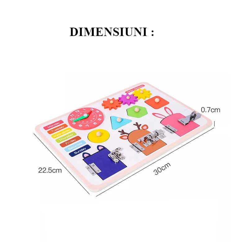 Jucarie interactiva, jocuri educative, jucarie copii, Montessori, placa senzoriala, activitati 5 in 1, cu incuietori, ceas, calendar