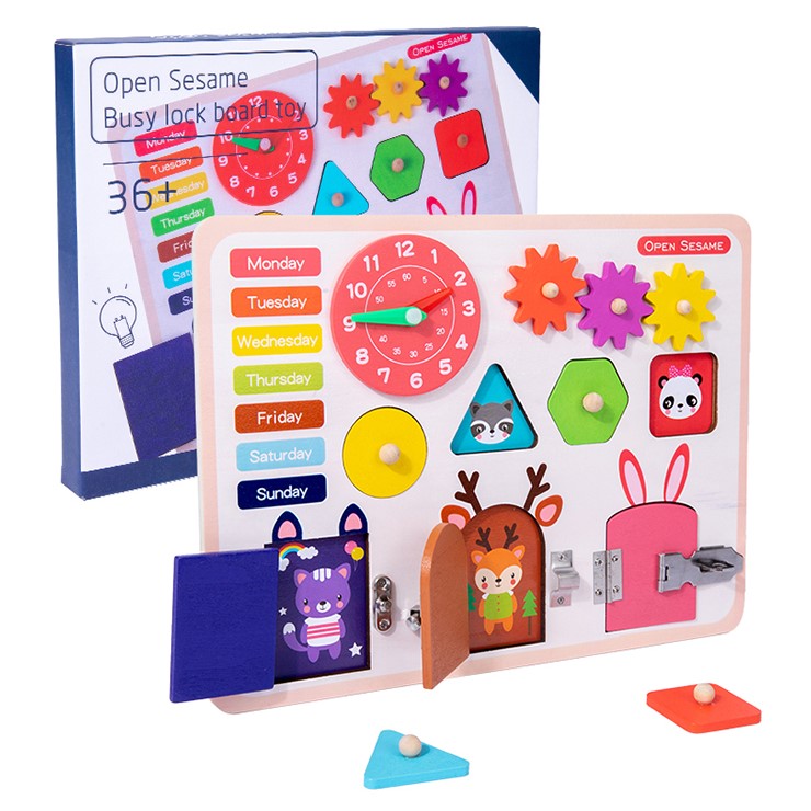 Jucarie interactiva, jocuri educative, jucarie copii, Montessori, placa senzoriala, activitati 5 in 1, cu incuietori, ceas, calendar
