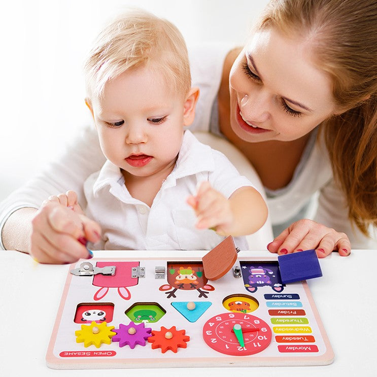 Jucarie interactiva, jocuri educative, jucarie copii, Montessori, placa senzoriala, activitati 5 in 1, cu incuietori, ceas, calendar