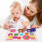 Jucarie interactiva, jocuri educative, jucarie copii, Montessori, placa senzoriala, activitati 5 in 1, cu incuietori, ceas, calendar