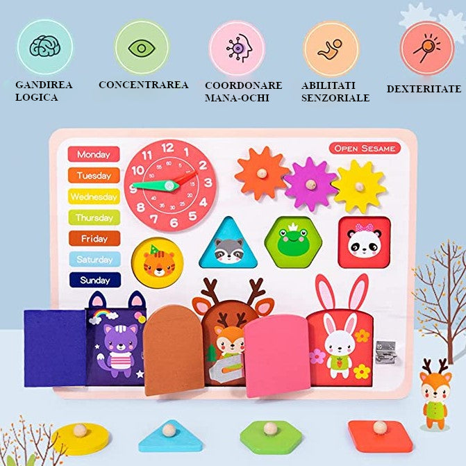 Jucarie interactiva, jocuri educative, jucarie copii, Montessori, placa senzoriala, activitati 5 in 1, cu incuietori, ceas, calendar