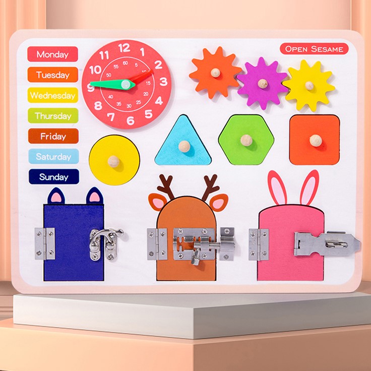Jucarie interactiva, jocuri educative, jucarie copii, Montessori, placa senzoriala, activitati 5 in 1, cu incuietori, ceas, calendar