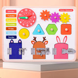 Jucarie interactiva, jocuri educative, jucarie copii, Montessori, placa senzoriala, activitati 5 in 1, cu incuietori, ceas, calendar