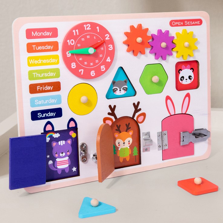 Jucarie interactiva, jocuri educative, jucarie copii, Montessori, placa senzoriala, activitati 5 in 1, cu incuietori, ceas, calendar