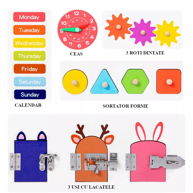 Jucarie interactiva, jocuri educative, jucarie copii, Montessori, placa senzoriala, activitati 5 in 1, cu incuietori, ceas, calendar