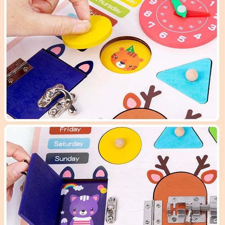 Jucarie interactiva, jocuri educative, jucarie copii, Montessori, placa senzoriala, activitati 5 in 1, cu incuietori, ceas, calendar