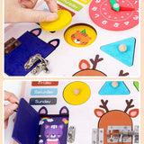 Jucarie interactiva, jocuri educative, jucarie copii, Montessori, placa senzoriala, activitati 5 in 1, cu incuietori, ceas, calendar