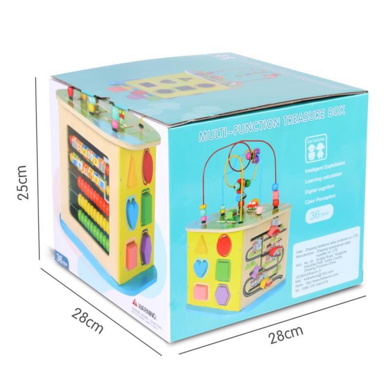 Jucarie interactiva si educativa tip cub, 6 in 1, multifunctionala, diferite jocuri, activitati, figuri geometrice, angrenaje rotative, forme de sortat, din lemn, multicolor, 28x28x25cm - BUZ.RO